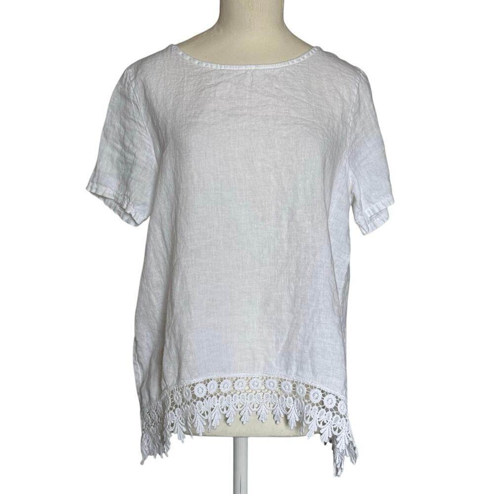 Terzo Millenio White 100% Linen Blouse Size S Crochet Trim Made in Italy Top